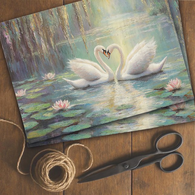 Romantisches Swan Couple in Lily Pond Decoupage Seidenpapier (Von Creator hochgeladen)
