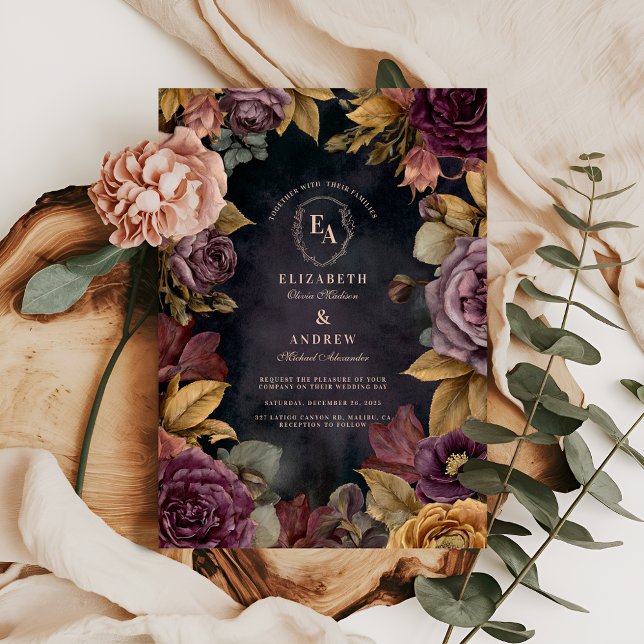 Romantisches Thema Burgundy Bloom Herbsthochzeit Einladung (Von Creator hochgeladen)