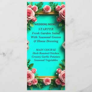 Romantisches Türkis Rosa Rosen Hochzeitsdinner 🌸 Menükarte