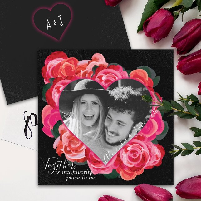 Romantisches Valentinstag Herzkarte Foto Rahmen Einladung (red roses, heart shaped photo Valentine's day card, Romantic red rose bouquet, red & black rose art)