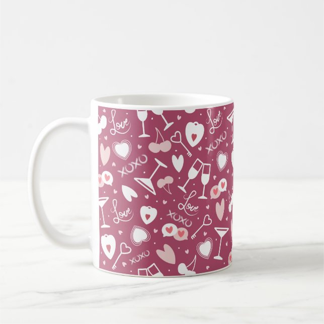 Romantisches Valentinstag Liebe Muster Dunkelrosa Kaffeetasse (Links)