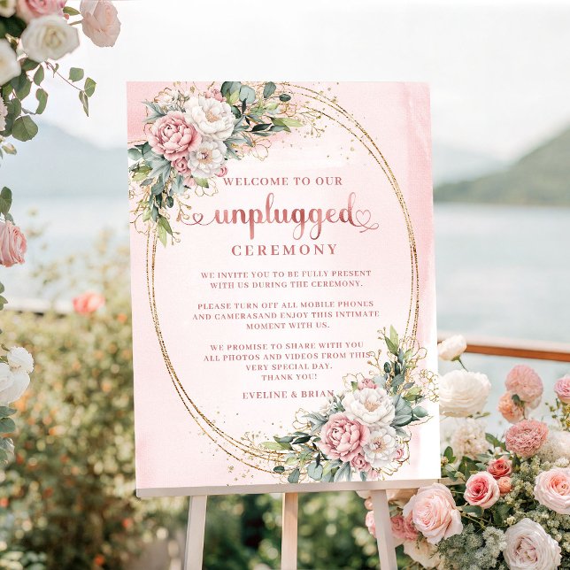 Romantisches verstaubtes rosa Blumen-Unplugged-Zer Poster (Romantic Dusty Pink Floral Unplugged Ceremony Sign

)