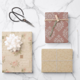 Romantisches Vintages Letter & Damask 3-Blatt-Set Geschenkpapier Set