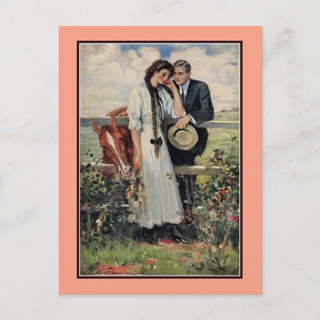 Romantisches Vintages Paar und Pferdemalerei Postkarte (Vorderseite)