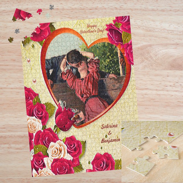 Romantisches Vintages Valentinherz und Rose (Romantic Couple Vintage Valentine Heart and Roses Jigsaw Puzzle)