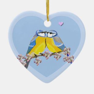 Romantisches Vogelpaar, Cyanistes Caeruleus Keramik Ornament