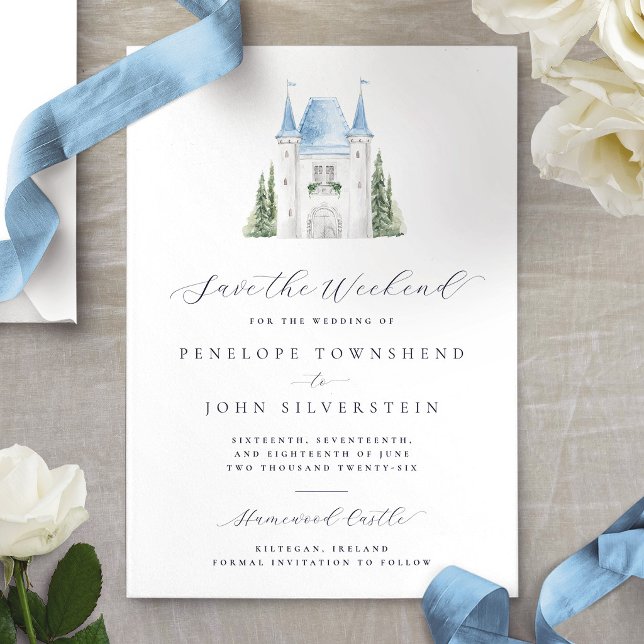 Romantisches Wasserfarbenspiel Save The Date (Romantic Watercolor Castle Weekend Wedding Save The Date Card)