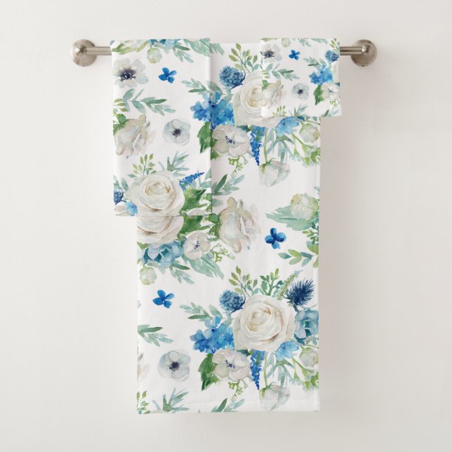 Romantisches weißes Rosenmuster und blaues Blumenm Badhandtuch Set (Insitu)