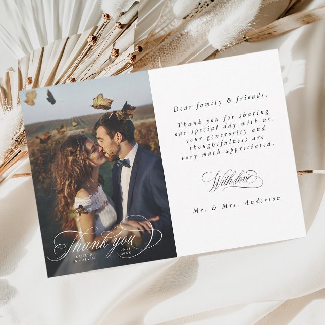 Romantisches Weißkalligrafie-Foto Hochzeit Dankeskarte (Von Creator hochgeladen)