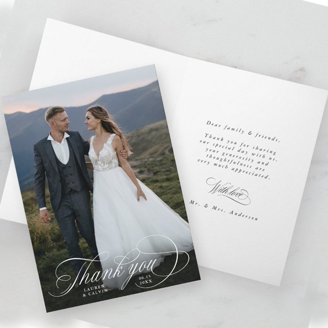 Romantisches Weißkalligrafie-Hochzeitstil-Foto ein Dankeskarte (Front & Inside)