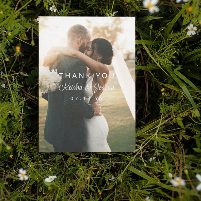 Romantisches White Script Wedding Foto Vielen Dank Dankeskarte (Von Creator hochgeladen)