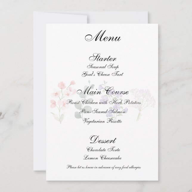 Romantisches Wildblumen-Boho-Hochzeitsempfangsmenü Einladung (Vorderseite)