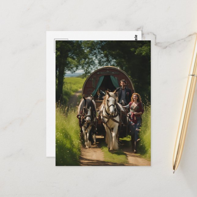 Romany Sinti und Roma Caravan mit der Frau, die Pf Postkarte (Vorderseite/Rückseite Beispiel)