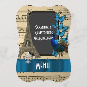 Romatic Paris und Musikblatthochzeitsmenü Menükarte