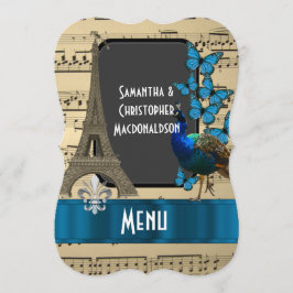 Romatic Paris und Musikblatthochzeitsmenü Menükarte