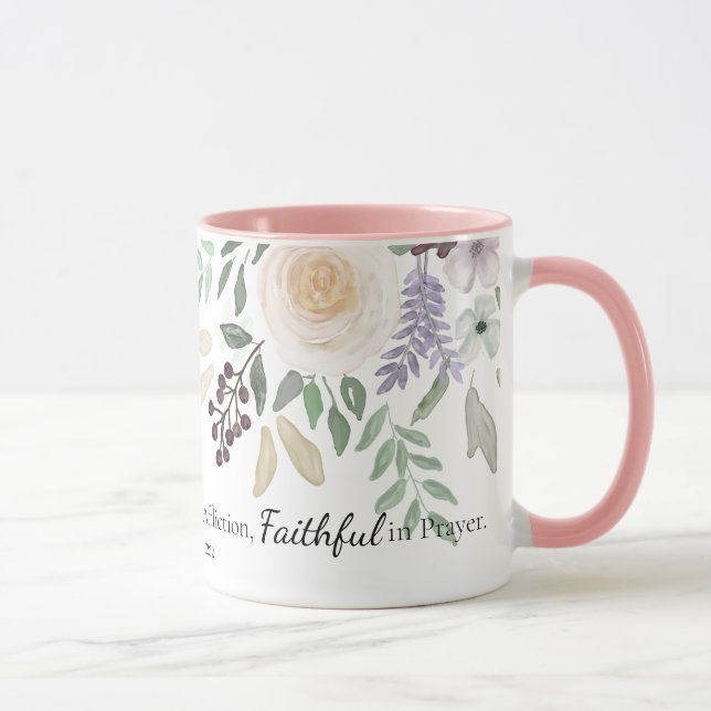 Römer 12:12 Bibel Verse Pink Aquarell Floral Tasse (Rechts)