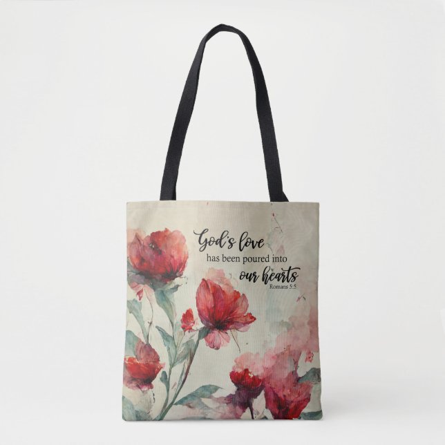 Römer 5:5 Gottes Liebe Bibel Verse Rosa Blume Tasche (Vorderseite)