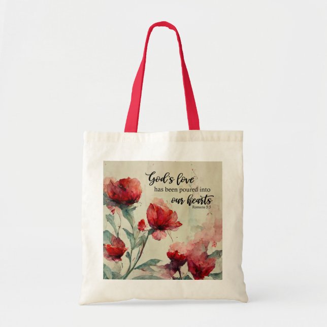 Römer 5:5 Gottes Liebe Bibel Verse Rosa Blume Tragetasche (Vorne)