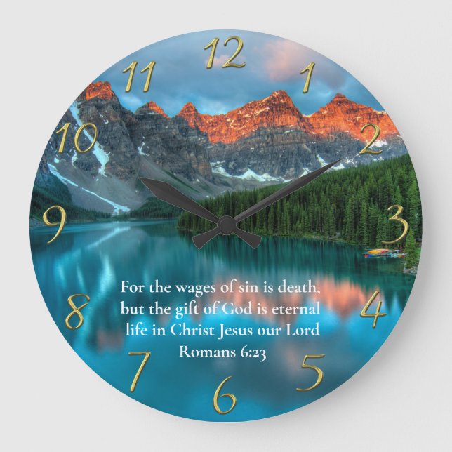 Römer 6:23 schöne Aussicht auf den Berg See Gold Große Wanduhr (Vorderseite)