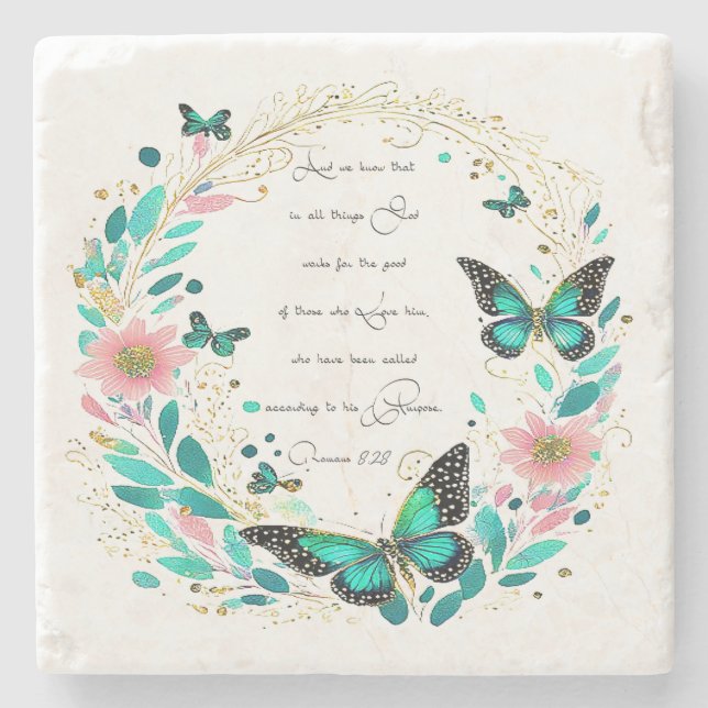 Römer 8:28 Blume und Schmetterlinge Steinuntersetzer (Vorderseite)