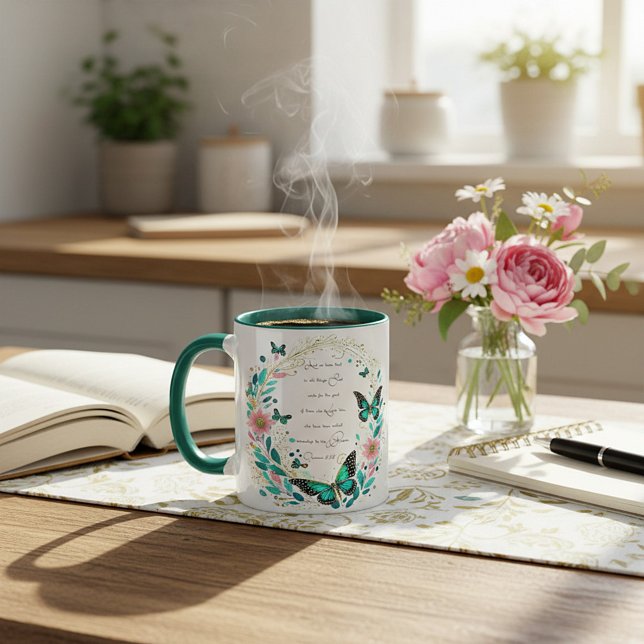 Römer 8:28 Blume und Schmetterlinge Tasse (Von Creator hochgeladen)