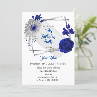 römisch-blaublauer, blumengeometrischer Geburtstag Einladung