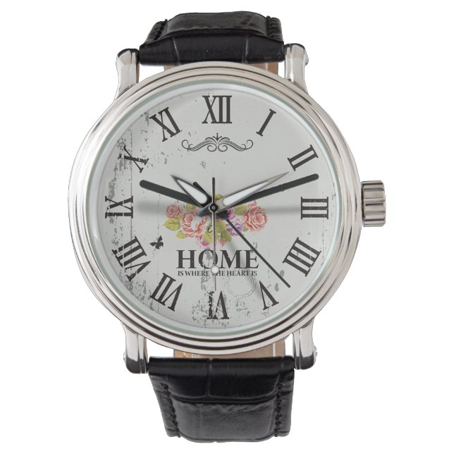 römische Blumennummern | Zuhause ist, wo das Herz  Armbanduhr (Vorderseite)