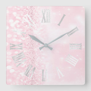 Römischer Zahl-silbernes Grau-Rosa-Glitzer Girly Quadratische Wanduhr