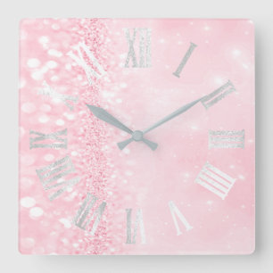 Römischer Zahl-silbernes Grau-Rosa-Glitzer-Zauber Quadratische Wanduhr