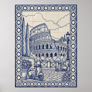 Römisches Kolosseum Blau Portugiesische Azulejo-Ku Poster