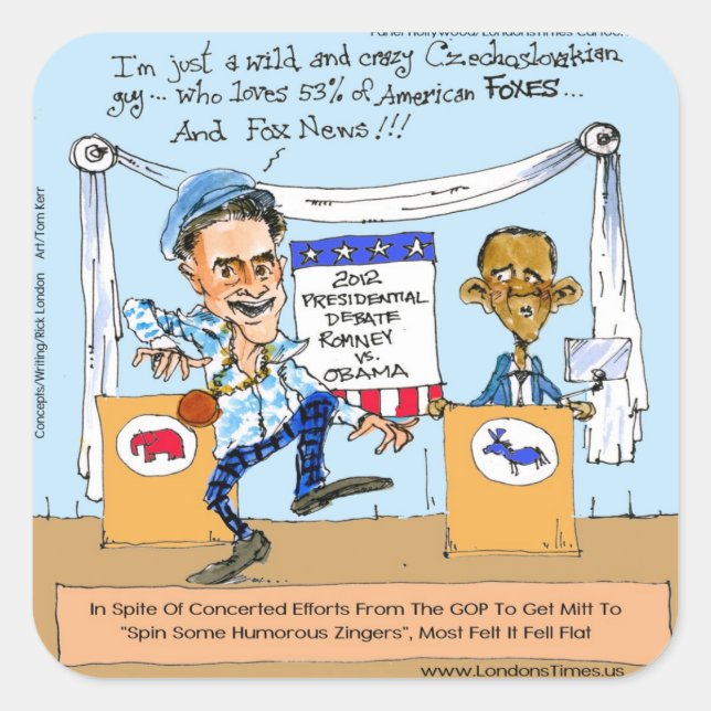 Romney versucht Zingers über Obama Funny Gifts & C Quadratischer Aufkleber (Vorderseite)