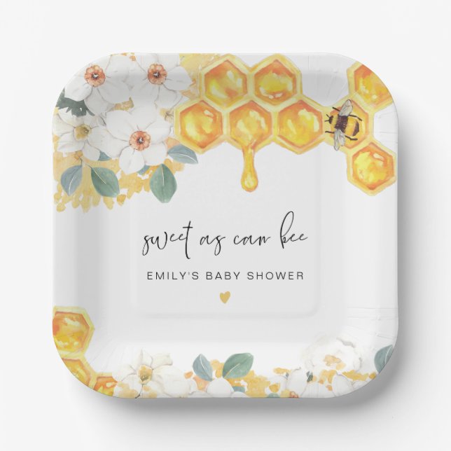 ROMY Sweet as Can bee White Floral Baby Dusche Pappteller (Vorderseite)