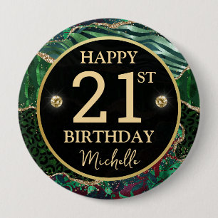 Rond 10 Cm Badge d'anniversaire Agate Safari Or Vert