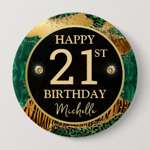 Rond 10 Cm Badge d'anniversaire Green Gold Safari Agate