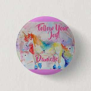 Rond 2,50 Cm Aquarelle de la licorne arc-en-ciel Badge rose