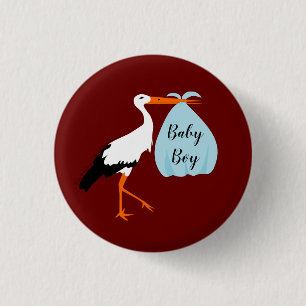 Rond 2,50 Cm Badge d'annonce d'arrivée de Bébé avec une cigogne