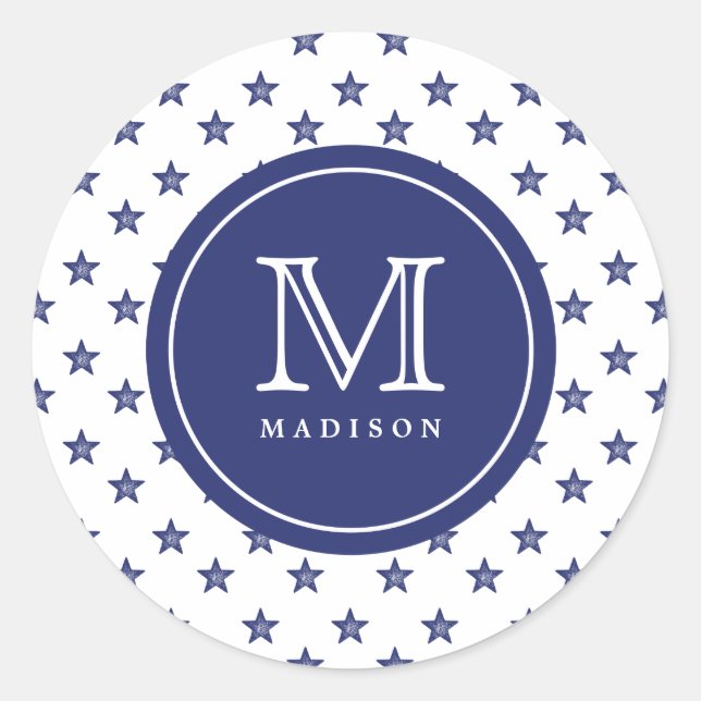 Rond 4 juillet Étoiles Monogramme Bleu Nom Sticker Part (Devant)