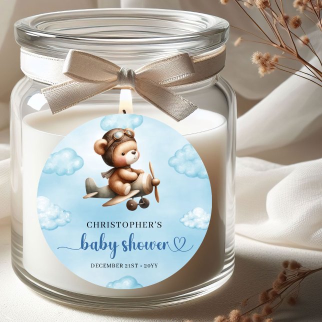 Rond Adorable Boy Shower Teddy Pilot Airplane Sticker (Celebrate your little aviator’s upcoming arrival with this adorable boy baby shower sticker featurin)