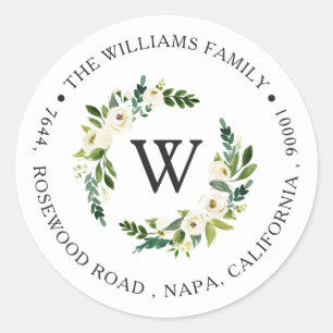 Rond Adresse de retour monogramme Sticker Roses blanche