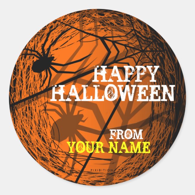 Rond Ajouter le nom Spider Web Halloween Sticker Orange (Devant)