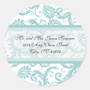 Rond Aqua Blue sur blanc Damask Adresse Mariage Sticker