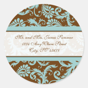 Rond Aqua Blue sur Brown Damask Adresse Mariage Sticker