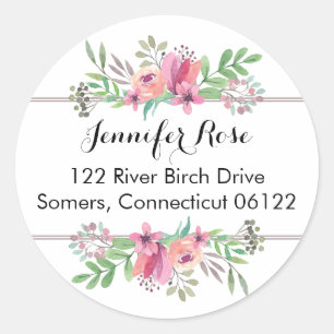 Rond Aquarelle Fleurs en rose, Sticker d'adresse circul