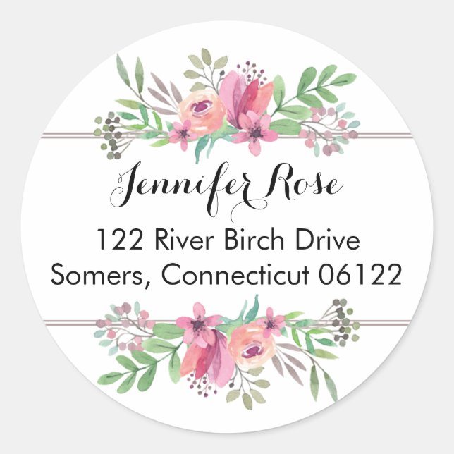 Rond Aquarelle Fleurs en rose, Sticker d'adresse circul (Devant)
