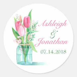 Rond Aquarelle Mason Jar Tulips Mariage Favor Sticker