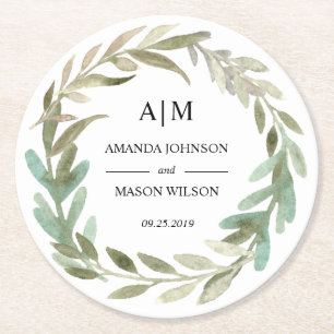 Rond Aquarelle verte Dessous de verre Mariage monogramm