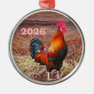 Rond Argenté Ornement de Coq qui Chante