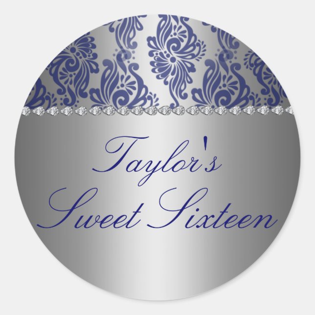 Rond Bleu & Argent Floral Print Sweet 16 Sticker (Devant)