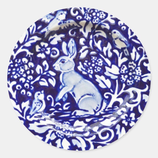 Rond Bleu blanc lapin Oiseau Floral Sticker Dedham Navy (Devant)