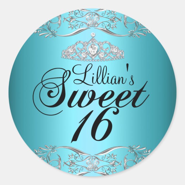 Rond Bleu noir Damas & Tiara Sweet 16 Sticker (Devant)